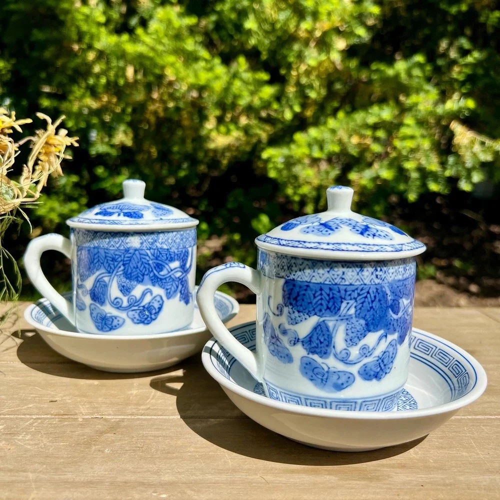 Vintage Oriental Blue & White Cup and Saucers w/ Lids | Set of 2